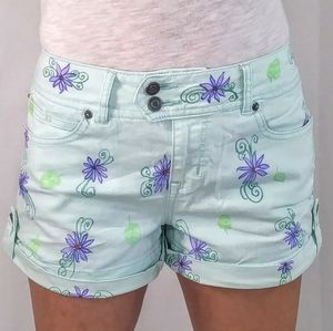 Re-made hand Printed Floral on mint Denim short